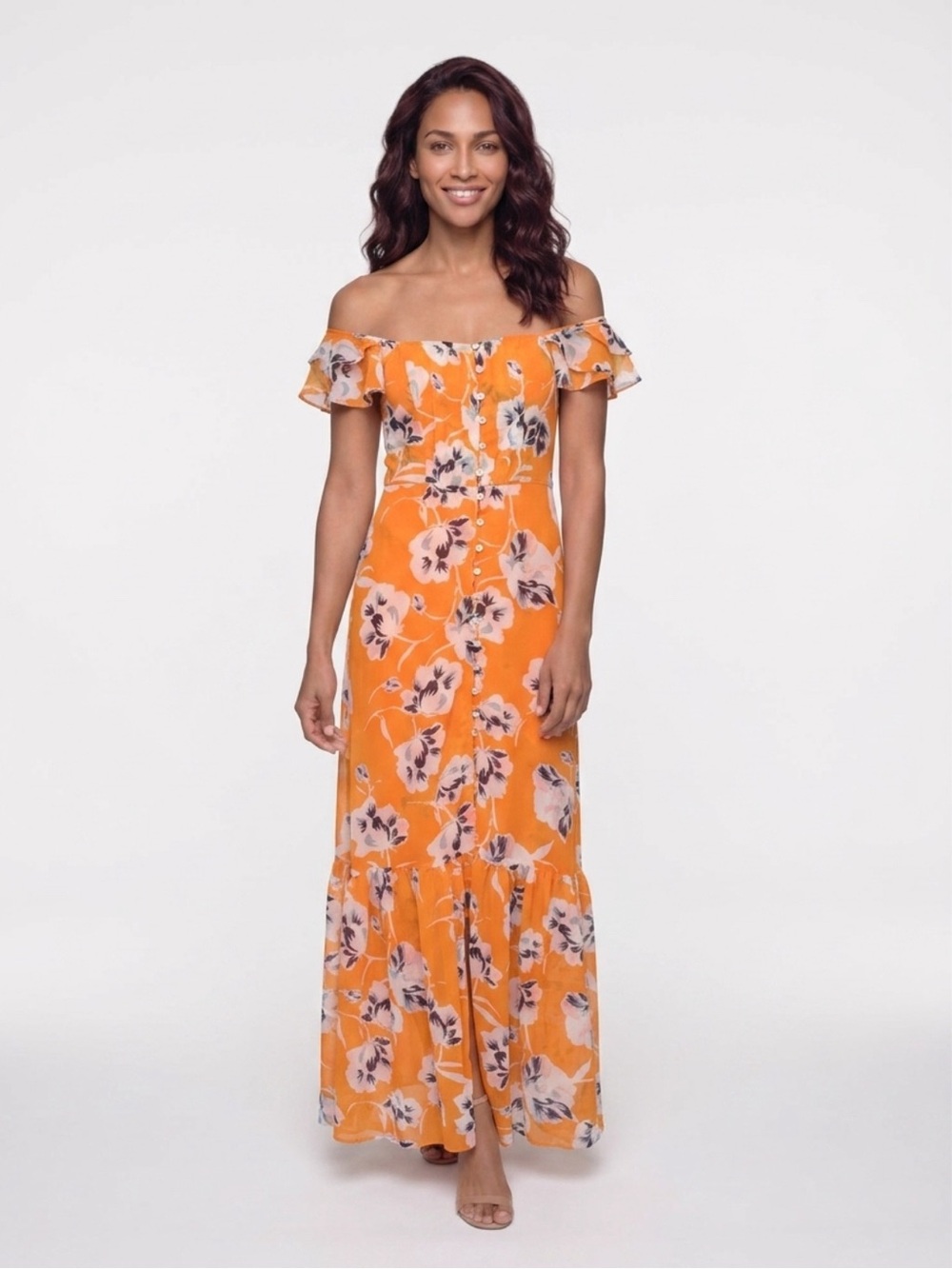 Orange Blue Floral Midi Sheer Summer Sun Dress Size S Buttoned Details